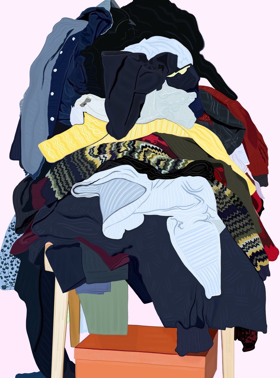 Roupa de mulher empilhada numa cadeira (arte digital) de Evan Sklar