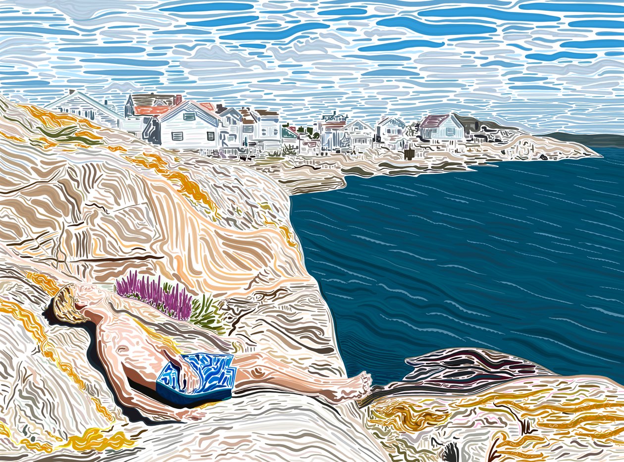 Jovem à beira-mar no verão a apanhar sol nas rochas. (arte digital) de Evan Sklar