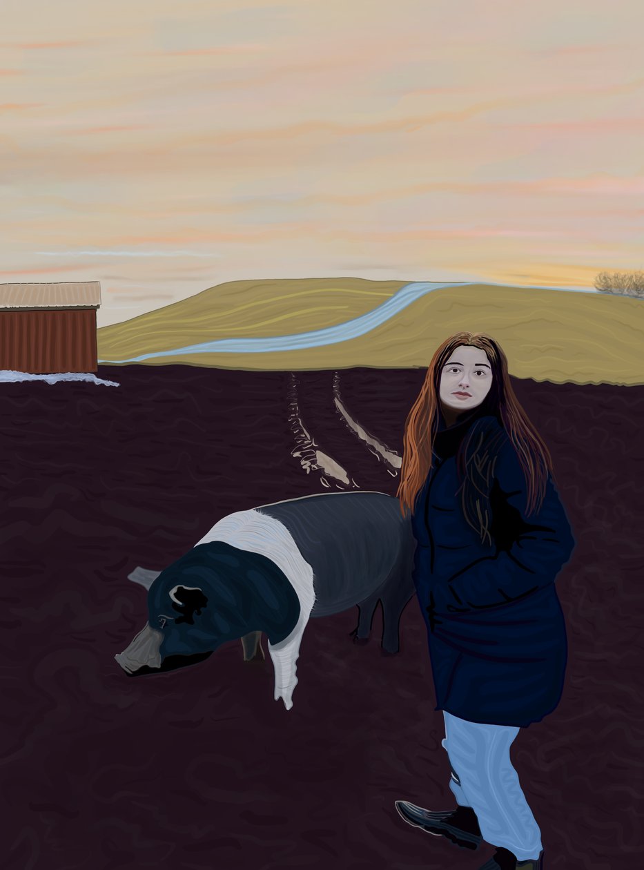 Mulher jovem e porco, c.2020-24 (arte digital) de Evan Sklar