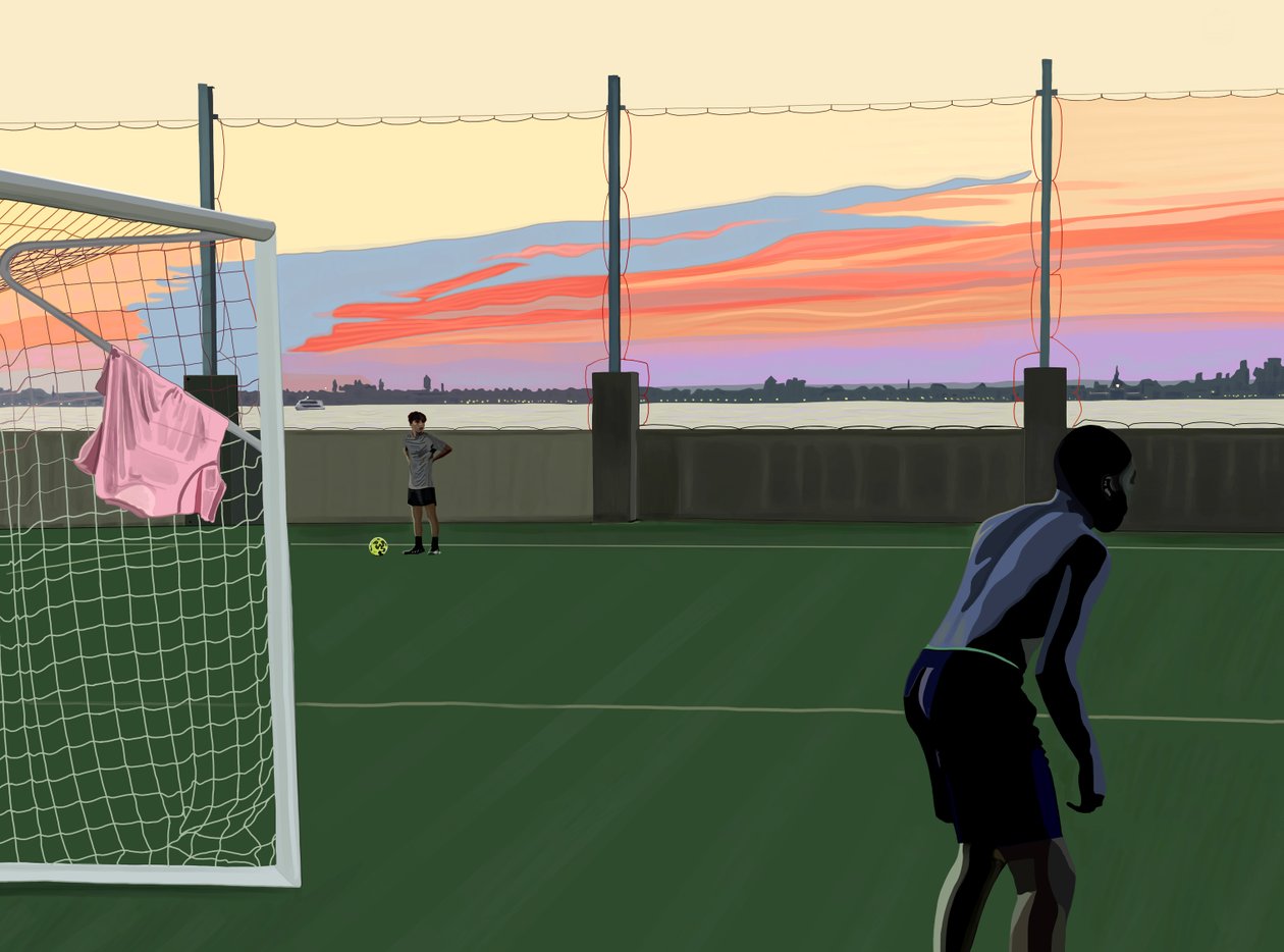 Futebol juvenil no Brooklyn Bridge Park (arte digital) de Evan Sklar
