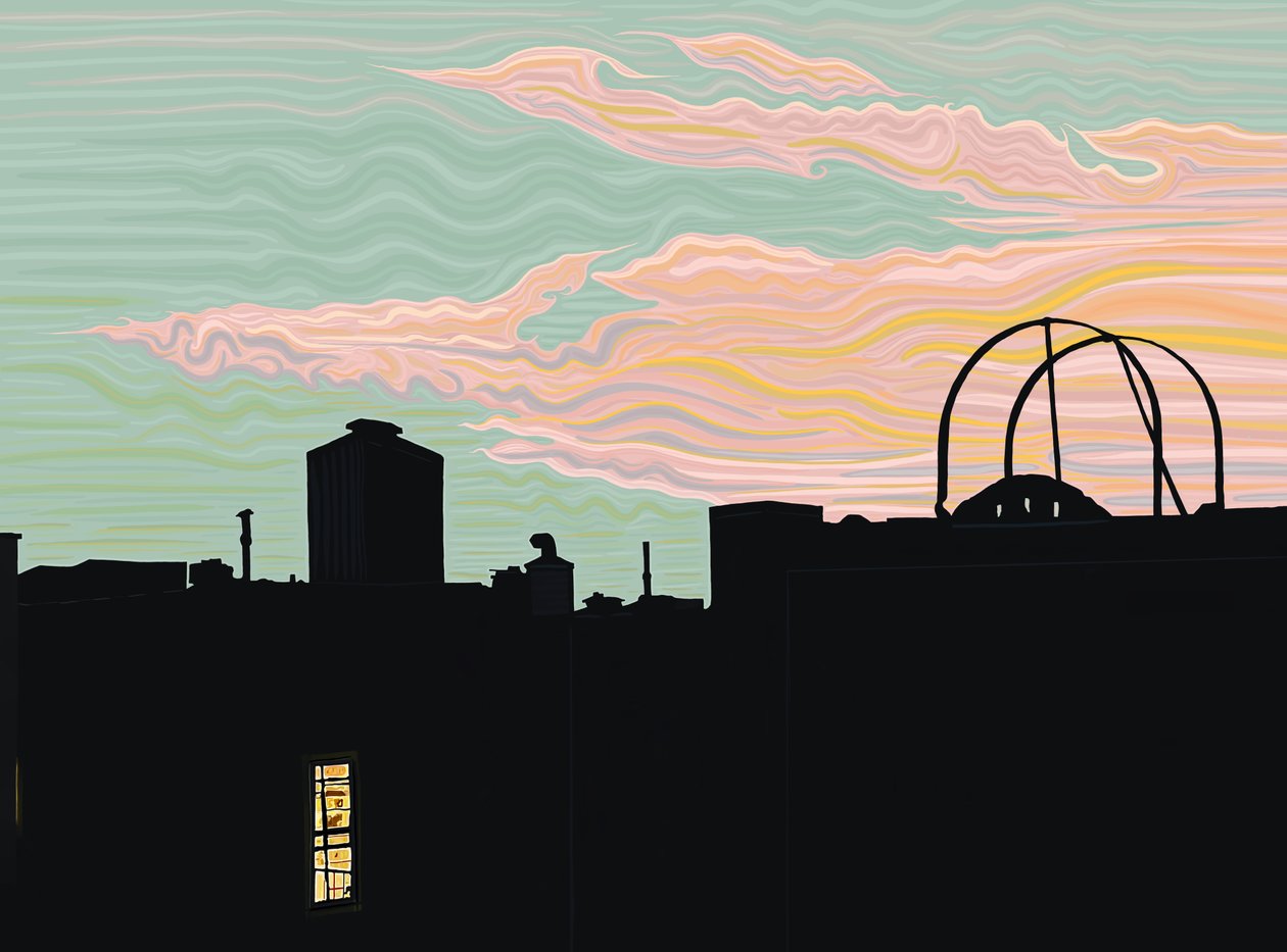 telhado e nuvens pontiagudas ao anoitecer (arte digital) de Evan Sklar