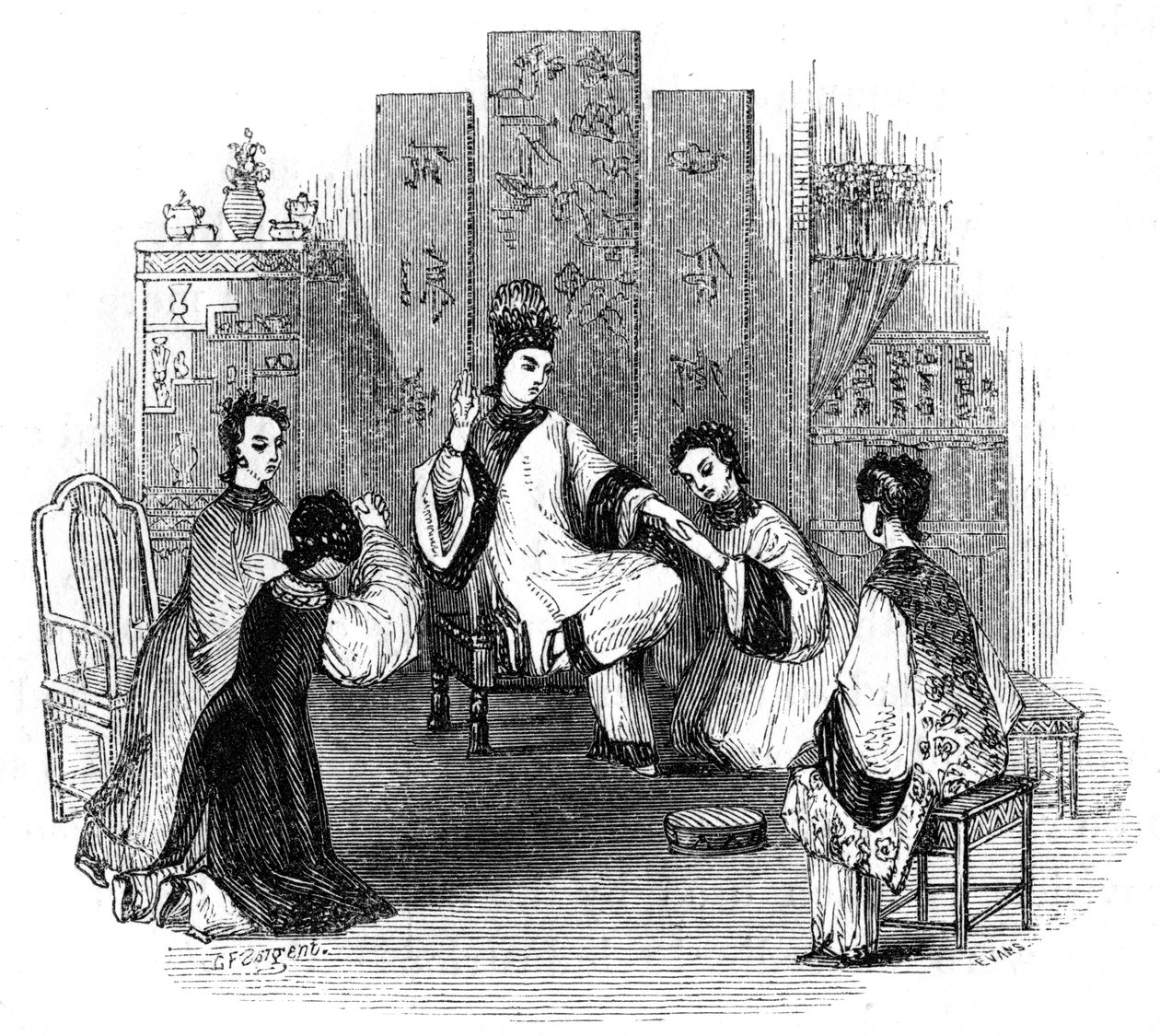 Donzelas chinesas chorando com uma noiva, 1847 de Evans
