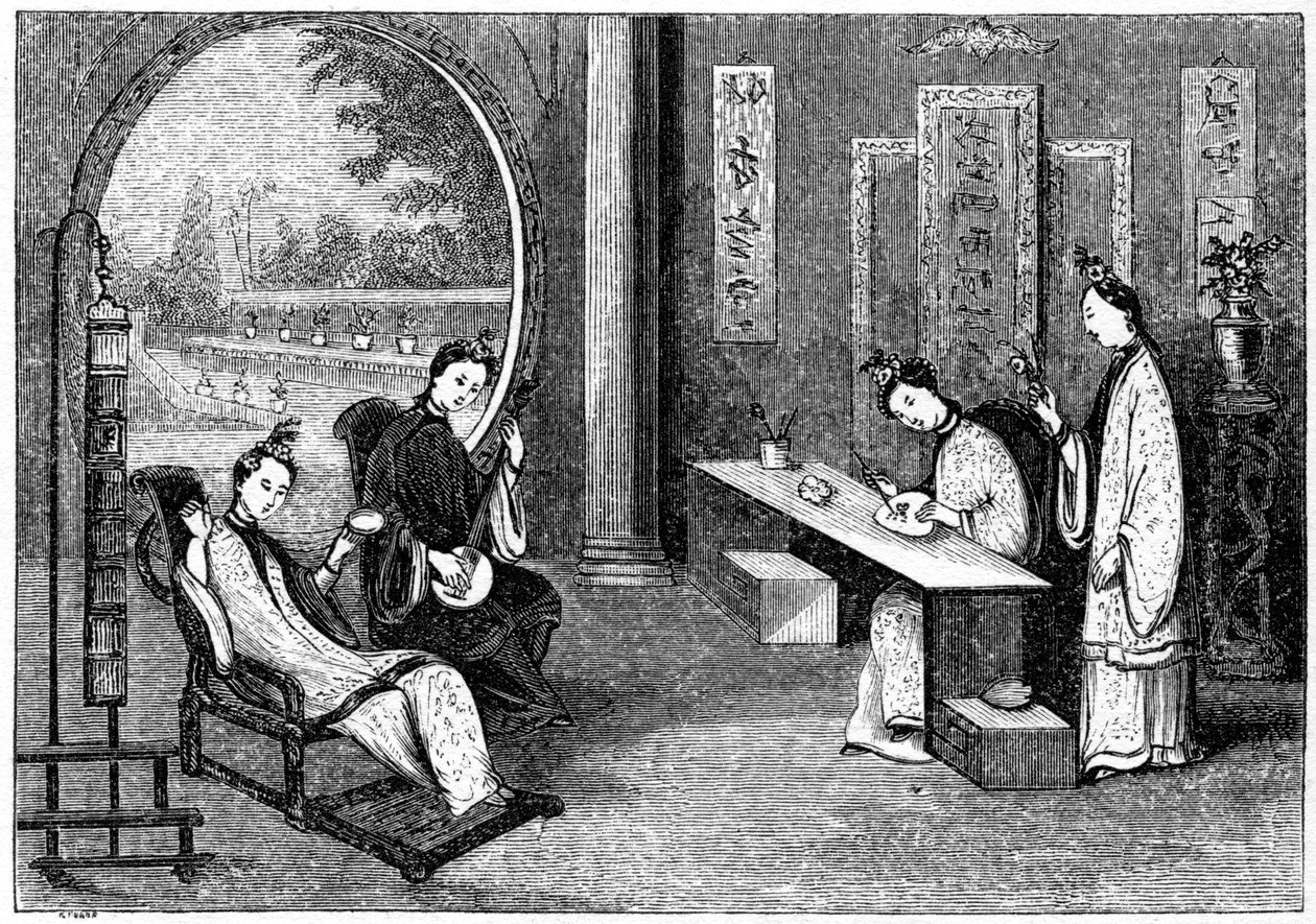 Cena doméstica, senhoras em seus empregos habituais, 1847 de Evans