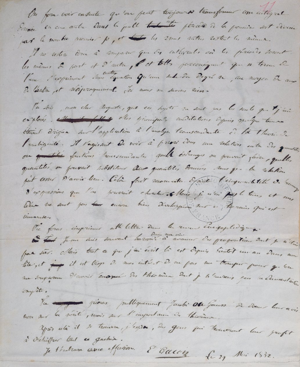 2108 fol.11r Carta de Gallois a Auguste Chevalier, 29 de maio de 1832 de Evariste Gallois