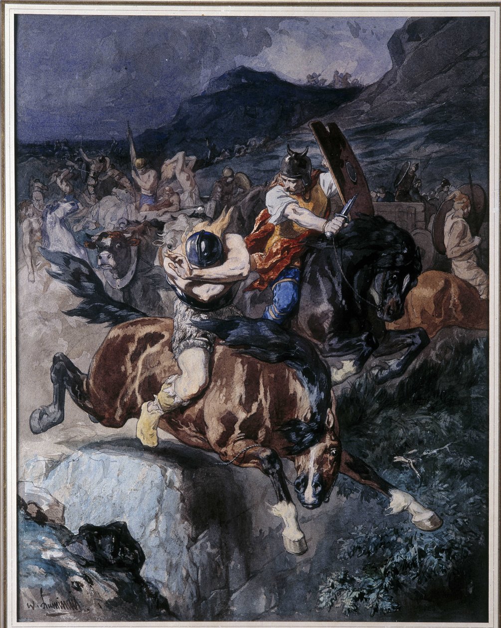 Luta de cavaleiros de Francos (aguarela) de Evariste Vital Luminais