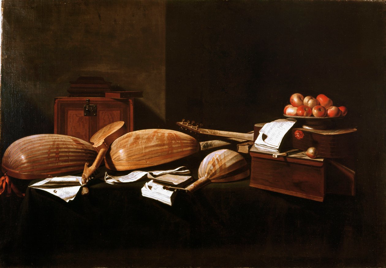 Peches e instrumentos musicais. Pintura de Evaristo Baschenis (1617-1677) Século XVII Bergamo, Colecção Privada de Evaristo Baschenis