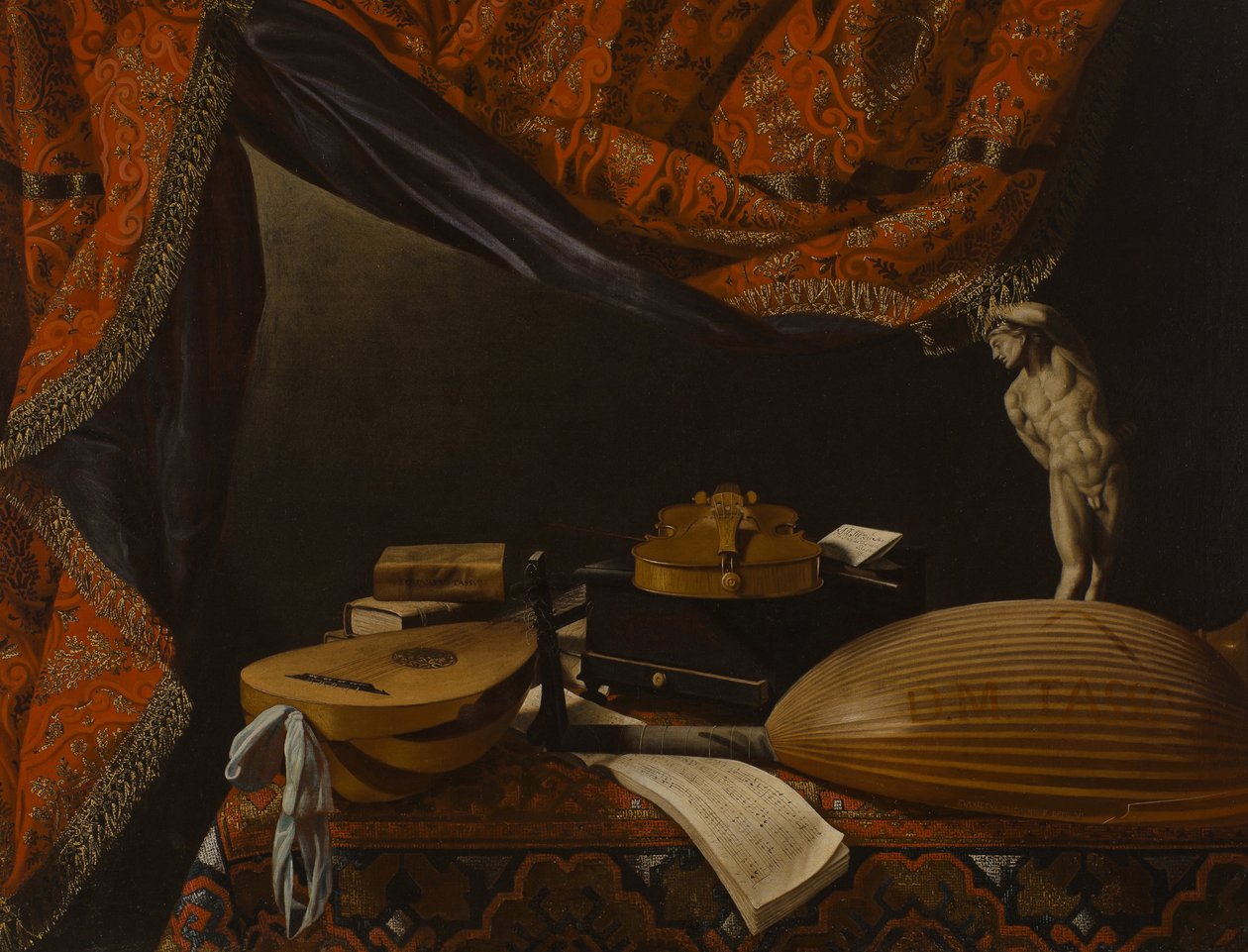 Natureza morta com instrumentos musicais, livros e escultura, c. 1650 de Evaristo Baschenis