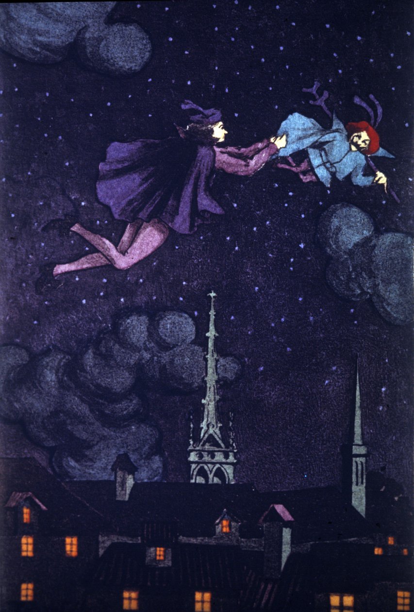 Ilustração do romance "O demónio coxo" de Alain Rene Lesage (Alain-Rene Le Sage) (1668-1747) (1707). Desenho de E.Torrent, cerca de 1930. de Evelio Torrent