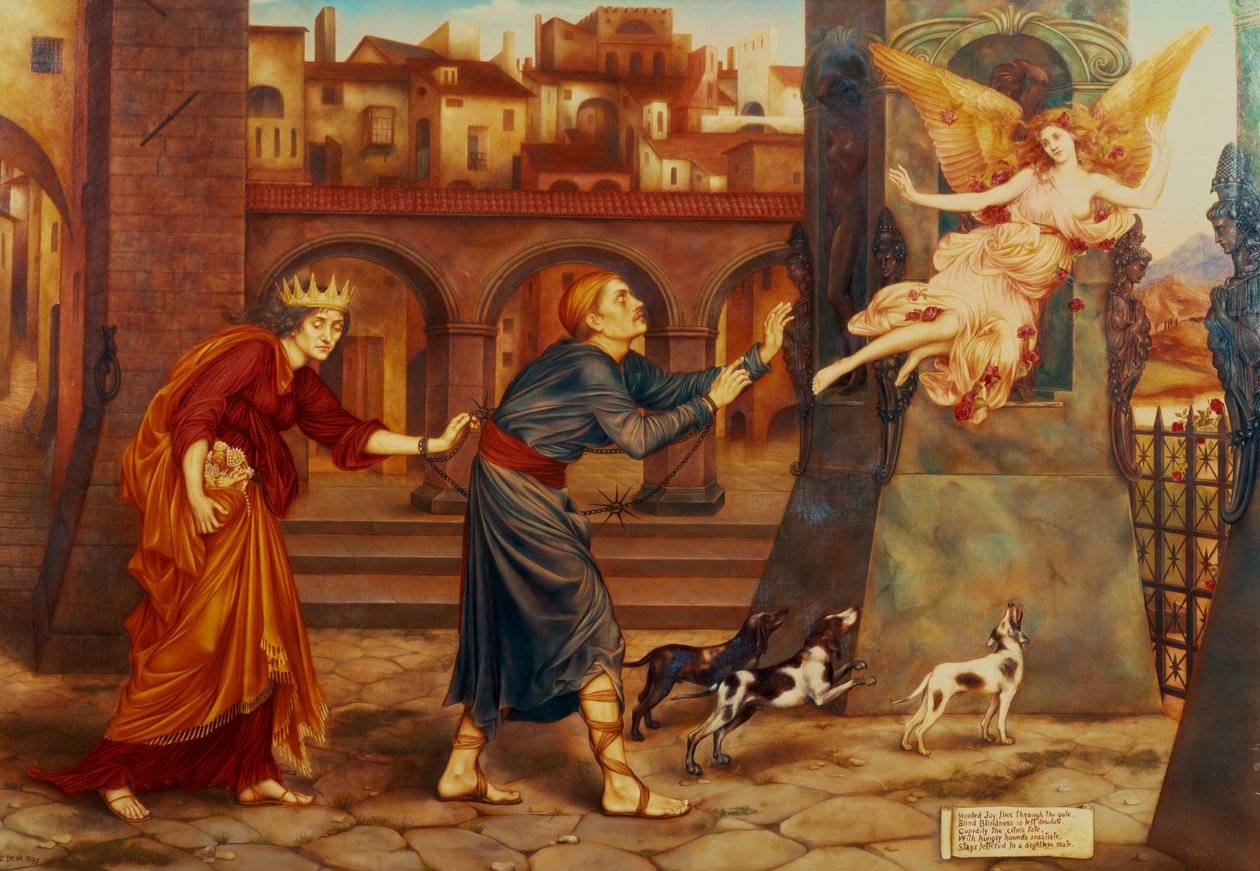Cegueira e cupidez perseguindo a alegria da cidade, 1897 de Evelyn De Morgan