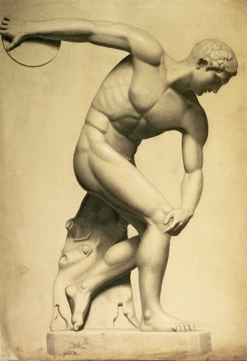 Lançador de disco, desenho de uma escultura clássica, c.1874 (lápis, crayon no papel) de Evelyn De Morgan