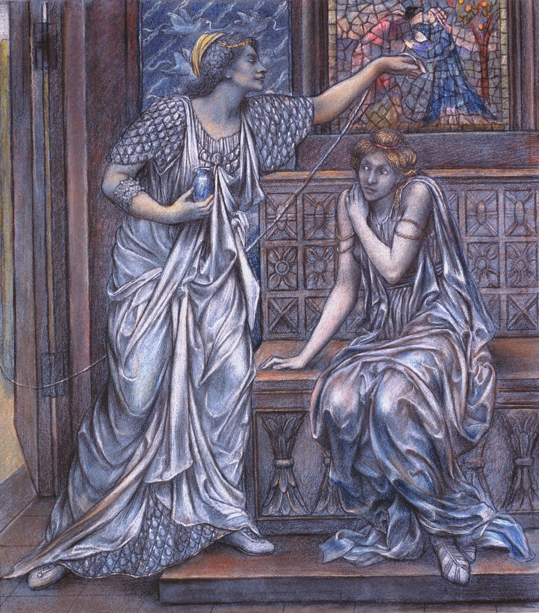 Estudo finalizado para a Rainha Eleanor e Fair Rosamund, c.1900-5 (giz) (ver 27988) de Evelyn De Morgan