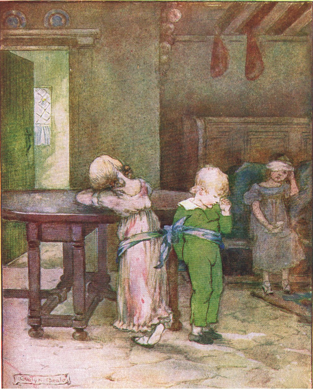 Ela pegou o lenço de bolso azul e amarrou Lucy e Henry na mesa (da história An Unhappy Day), ilustração de A Staircase of Stories publicada por Thomas Nelson & Sons Ltd. 1940 (colou de Evelyn Beale