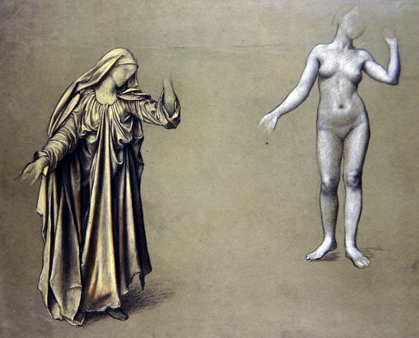 Estudo de figura drapeada com acompanhamento de nus (gizes coloridos sobre papel) de Evelyn De Morgan