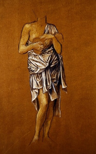 Suplicante feminino canhoto em um Jetty/ St Christin (lápis de cera azul e branco sobre papel) de Evelyn De Morgan