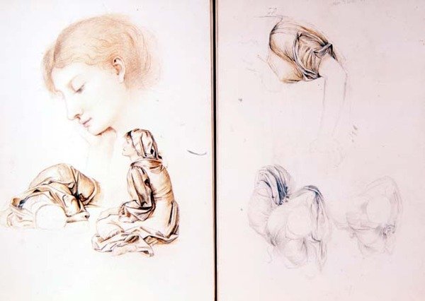 Seis estudos de modelos femininas, duas páginas de um dos cadernos de esboços da artista (lápis, giz sobre papel) de Evelyn De Morgan