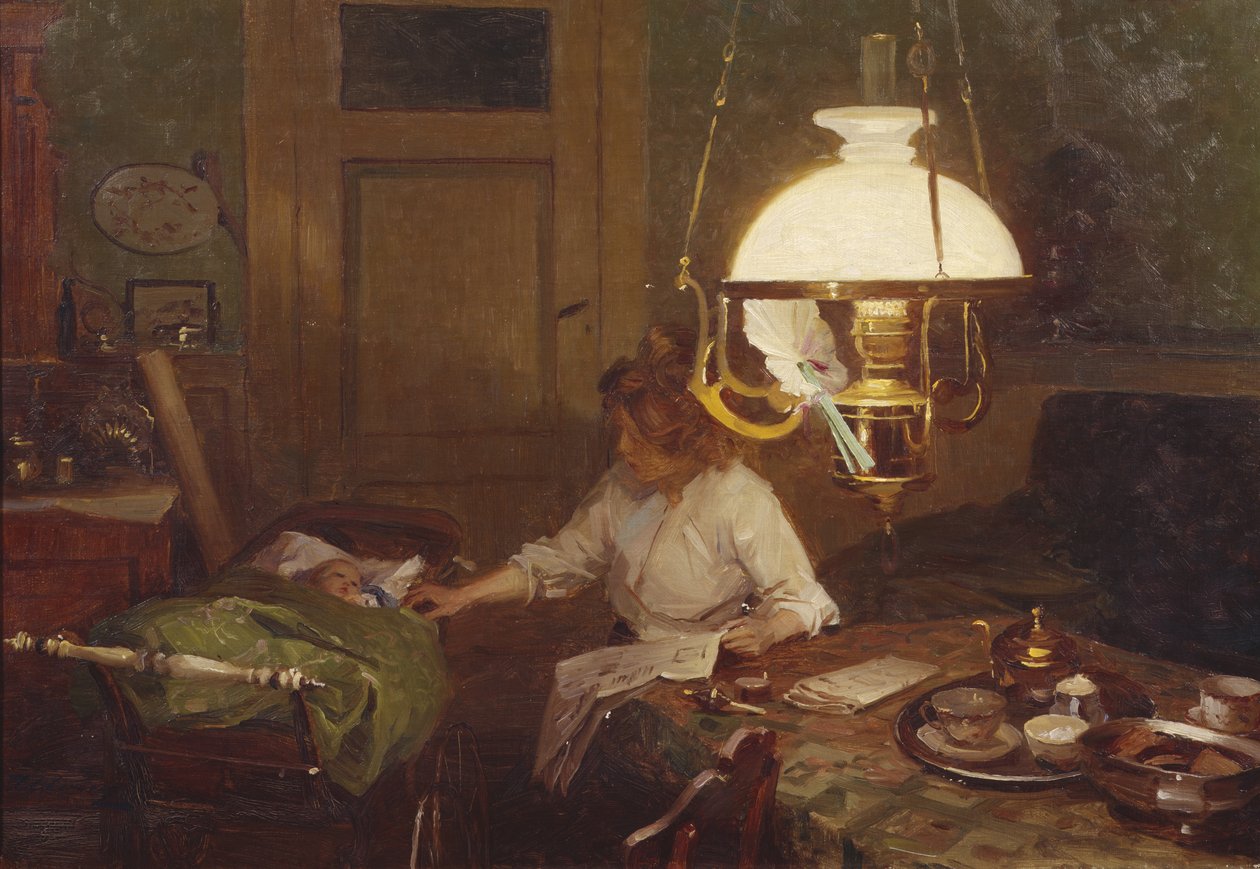 Interior com mãe e filho (óleo sobre tela) de Even Ulving