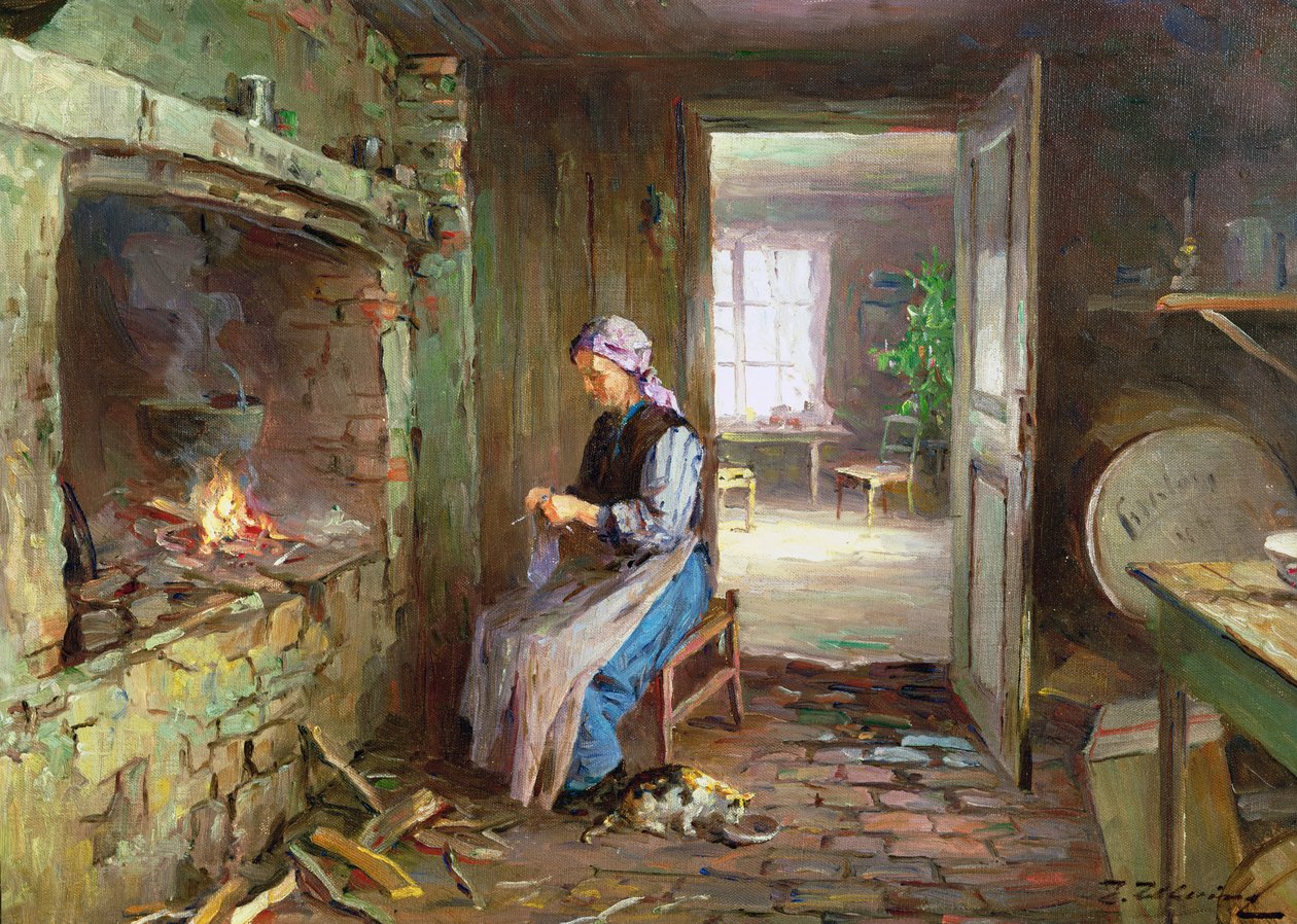 Mulher a tricotar junto à lareira (óleo sobre tela) de Even Ulving