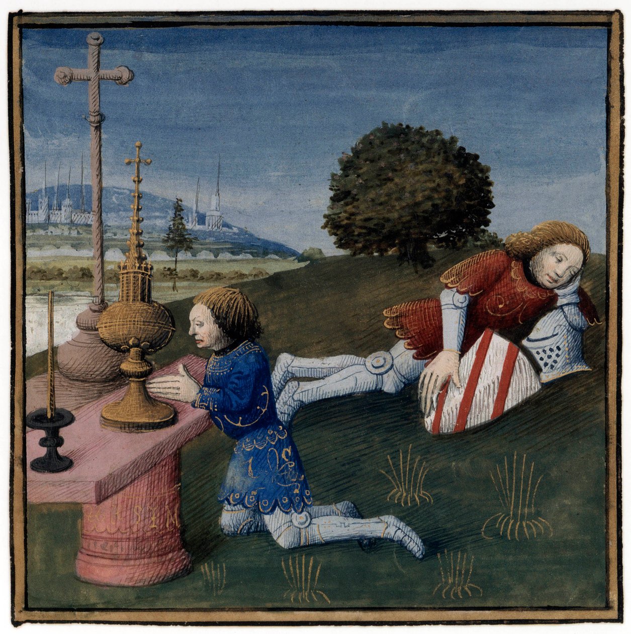 Lenda arturiana: Lancelot está a dormir enquanto o Santo Graal aparece a outro cavaleiro, iluminura de Evrard d
