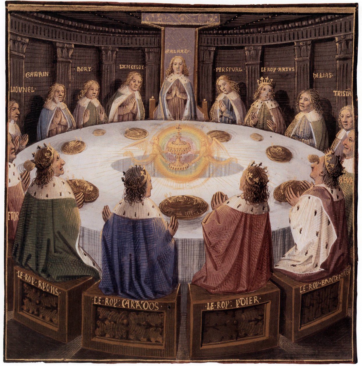 Lenda arturiana: os cavaleiros da mesa redonda: Galaad (Galahad) no Assento Perigoso, o Santo Graal aparece, iluminação de Evrard d