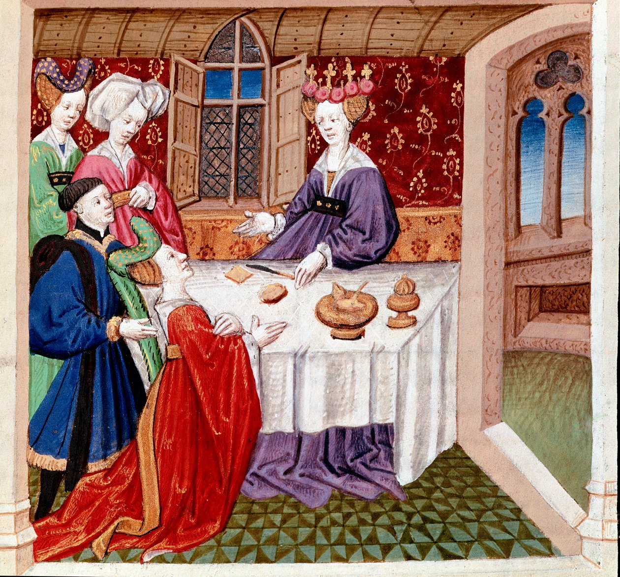 Isolda (ou Isolda) implorou a proteção da rainha Guenevre sentada à sua mesa. Miniatura tirada de “”Romanesque du Chevalier Tristan et de la reine Yseult”” de Gassien de Poitiers iluminada por Everard de Espinques (Evrard d