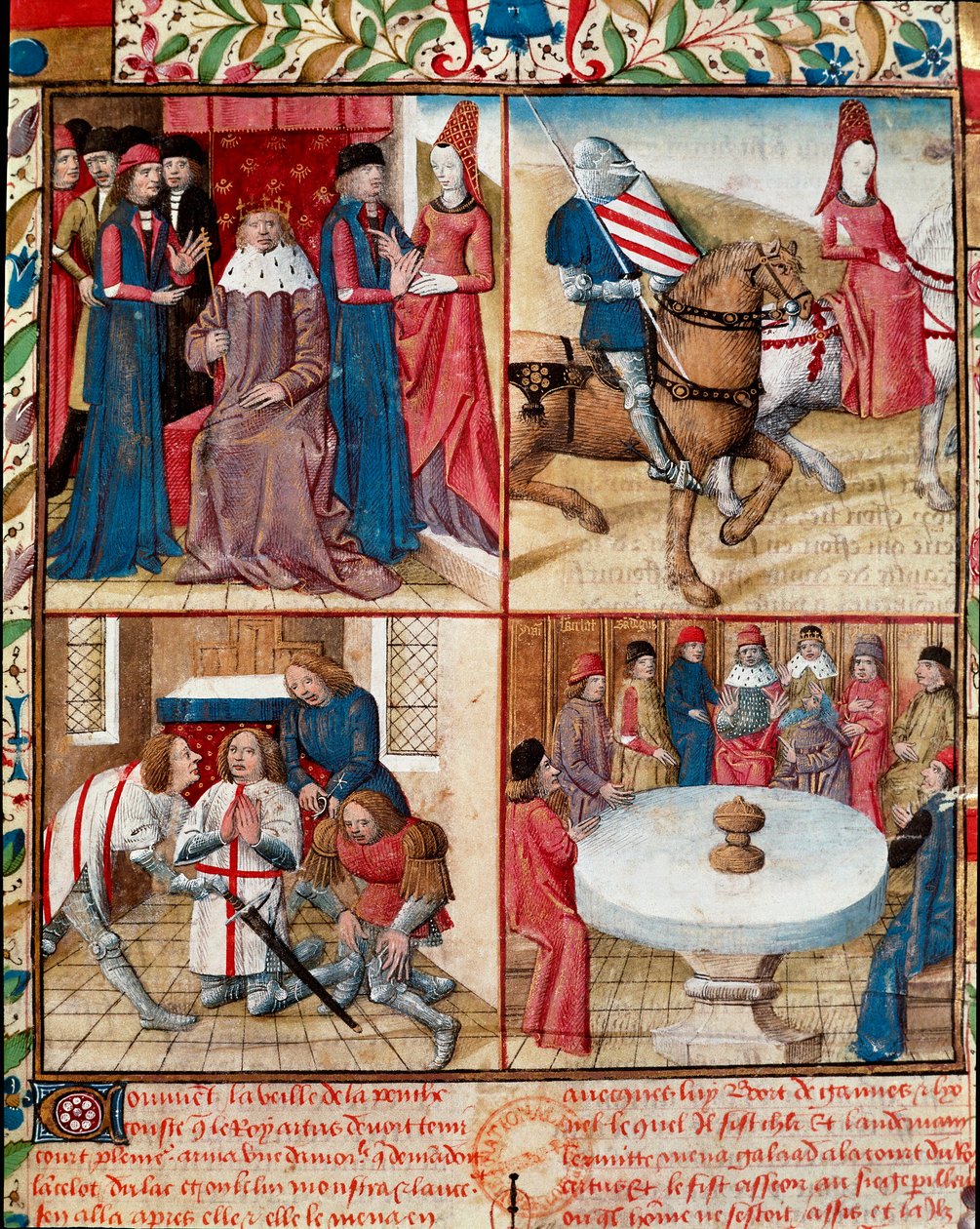 Rei Arthur segurando a corte, Lancelot conduzido por uma senhora para a abadia, suavizando de Galahad (Gaalad ou Galaad) para a abadia e os cavaleiros da Távola Redonda ao redor da página do Manuscrito do Santo Graal “” Roman of the Knight Tristan and Quee de Everard de Espinques