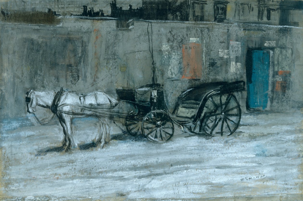Paris, Cavalo e Carruagem, c.1900-05 (carvão, giz e pastel sobre cartão) de Everett Shinn