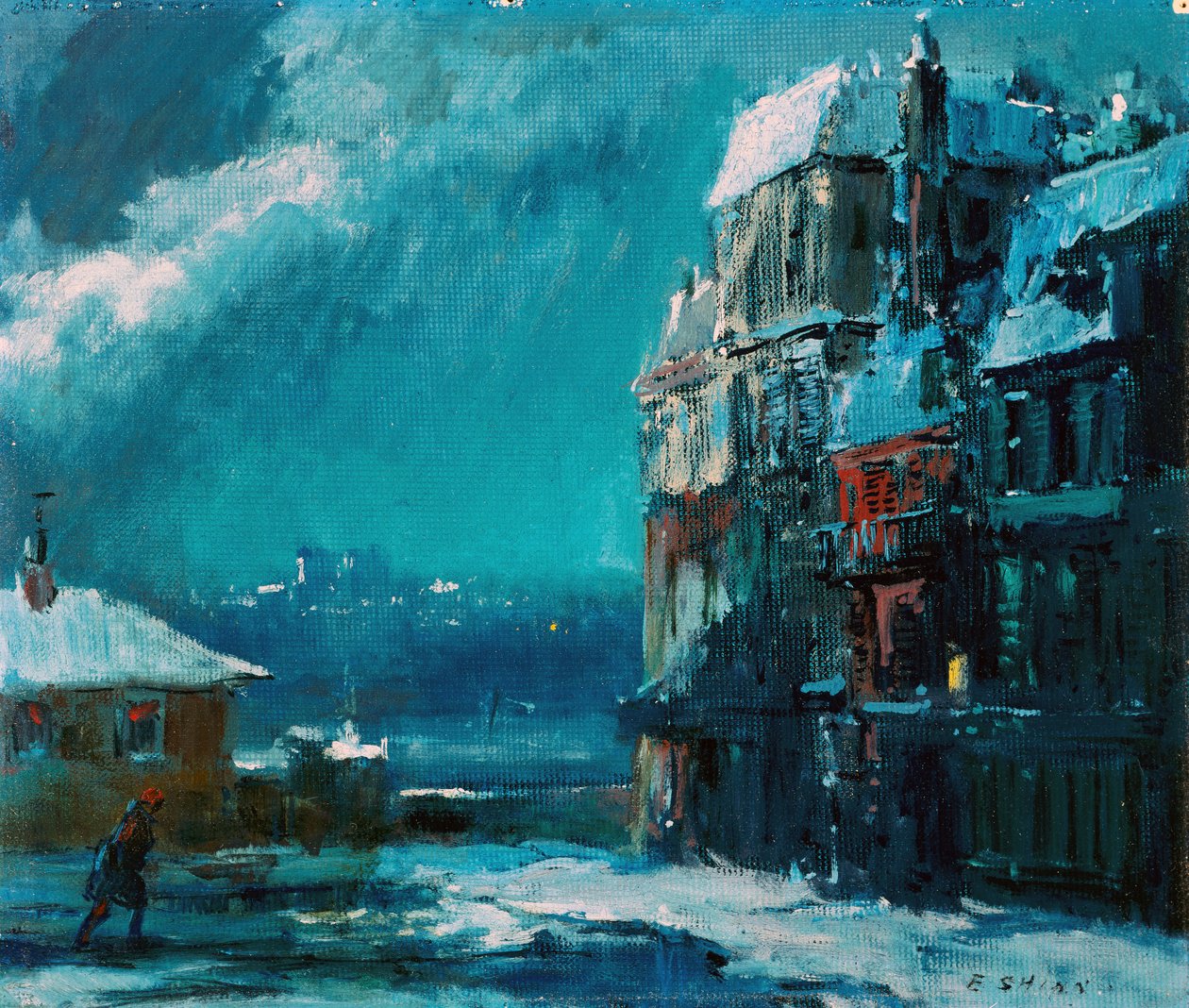 Noite de inverno, Paris (óleo sobre cartão) de Everett Shinn
