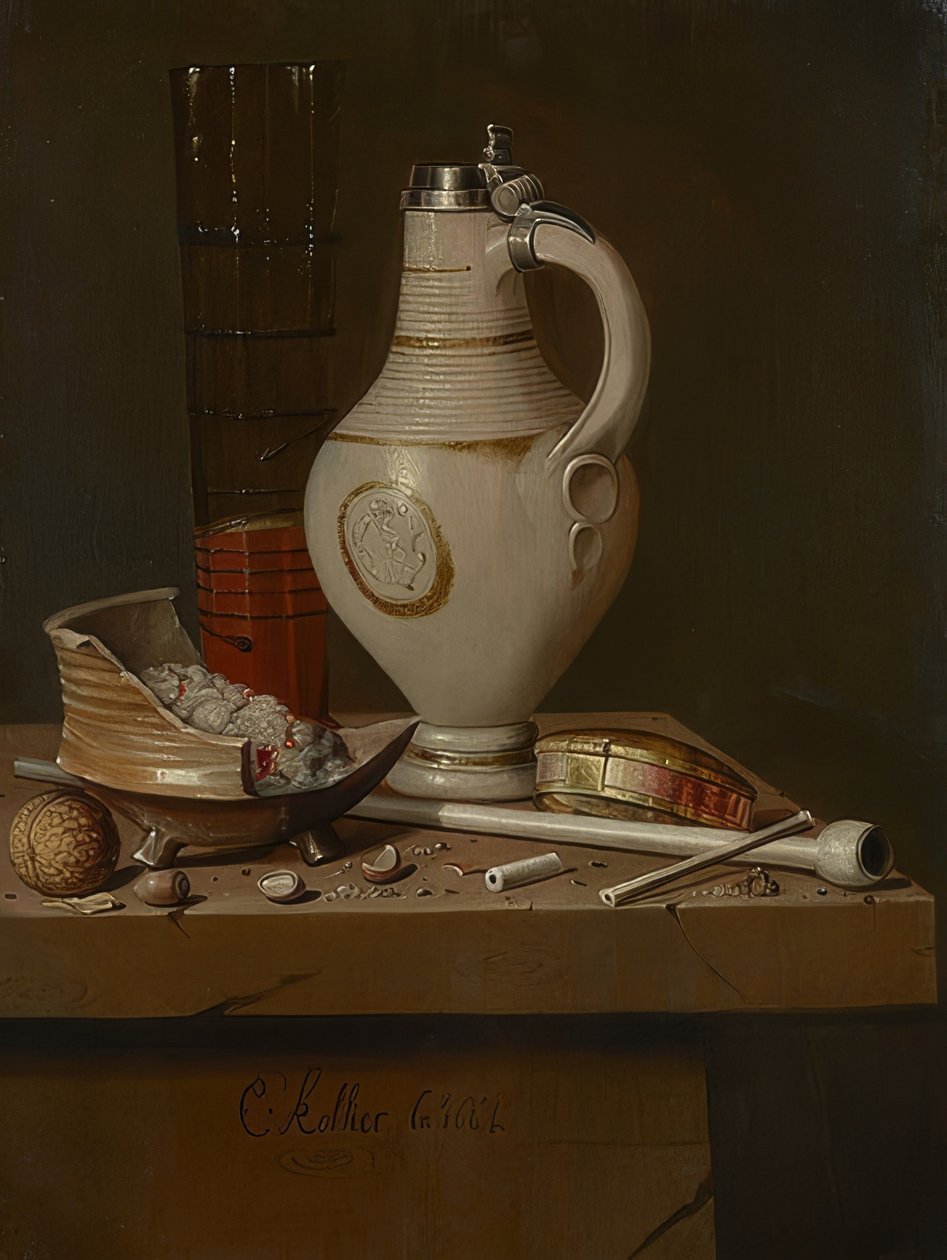 Natureza morta com utensílios para fumar e caneca de cerveja. 1664 de Evert Collier