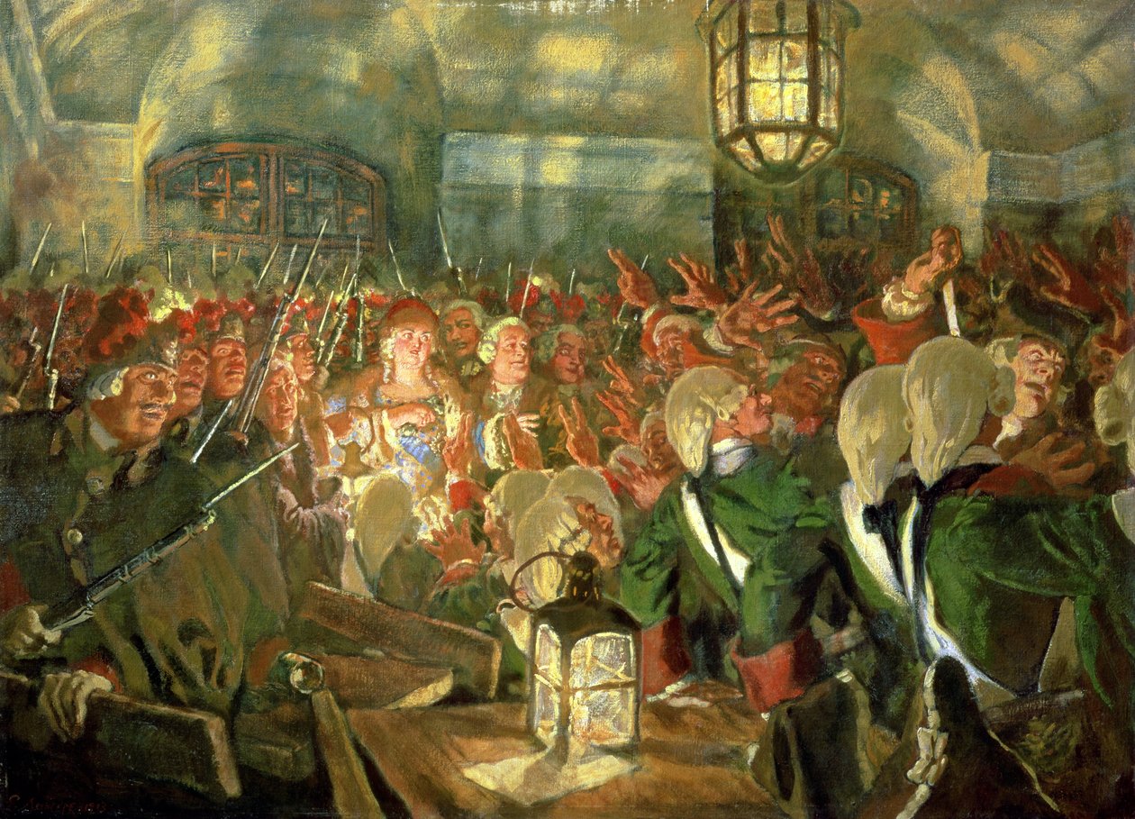 Grã-duquesa Elizabeth com Guardas durante o Golpe de Estado de 1741 de Evgeni Evgenievitch Lanceray