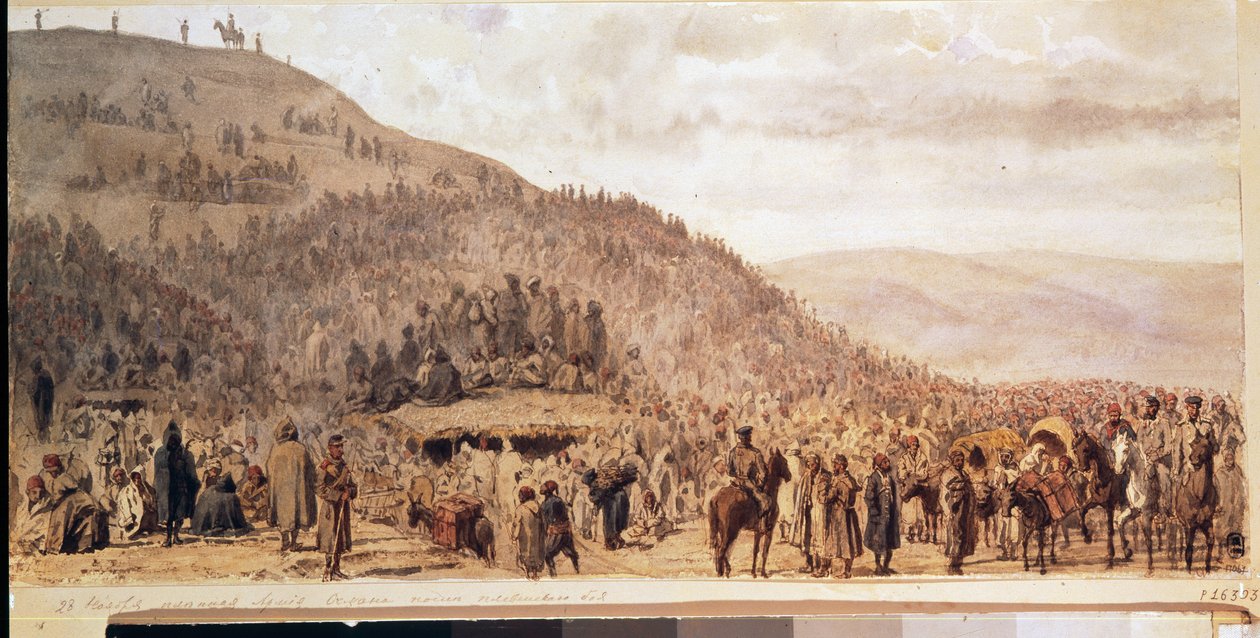 O Cativeiro do Exército de Osman Pasha (1837-1900) em Pleven (Plevna) (Bulgária). (O Cativeiro do Exército de Osman Pasha em Pleven). Episódio da Guerra Russo-Turca (1877-1878). Trabalho de Evgeni Kirillovich Makarov (1842-1884), aguarela sobre papel de Evgeni Kirillovich Makarov