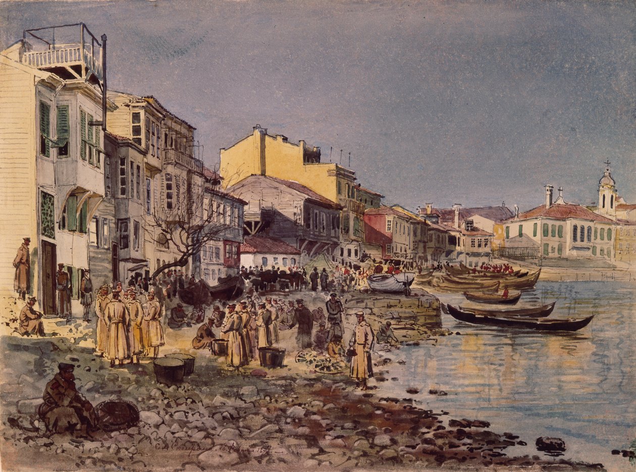 Soldados russos no aterro em San Stefano, 1878 de Evgeni Kirillovich Makarov