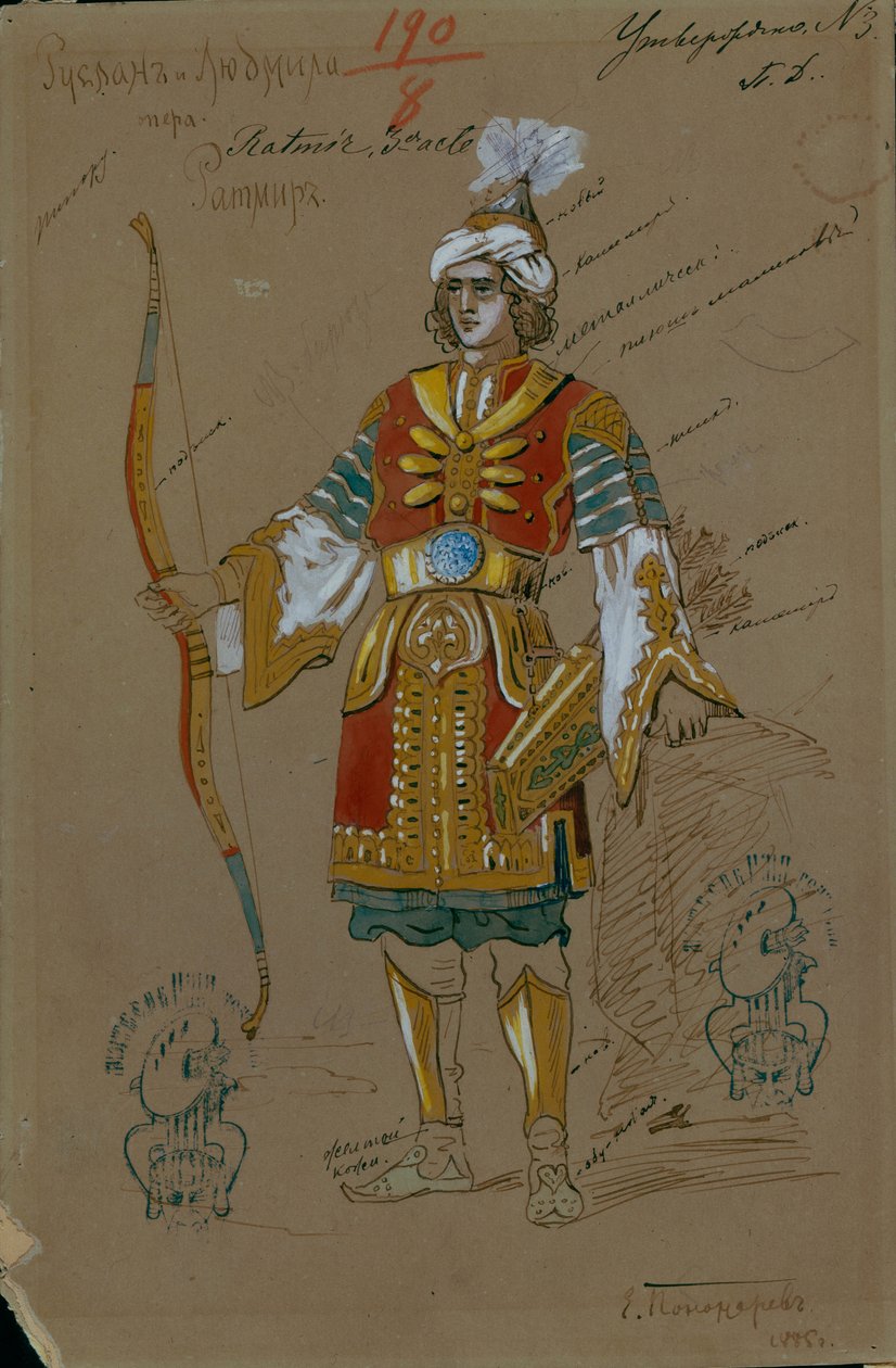 Figurino para a ópera Ruslan e Lyudmila de M. Glinka, 1885 de Evgeni Petrovich Ponomarev