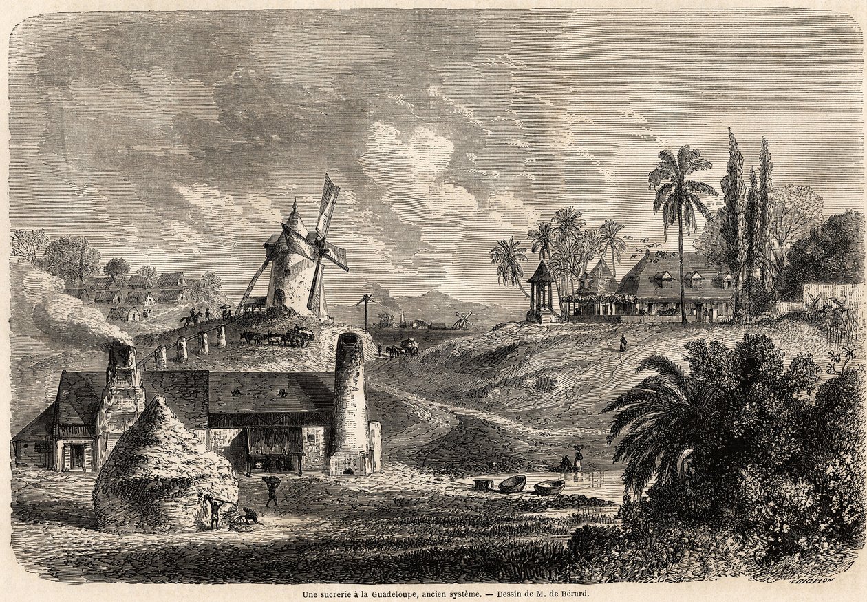 Uma fábrica de açúcar em Guadalupe, desenho de Auguste de Berard (1824-1881), para ilustrar as viagens às Índias Ocidentais, em 1858-1859, de Anthony Trollope (1815-1882). Gravura em "Le tour du monde, nouveau journal des voyages" Paris de Evremond de (after) Berard
