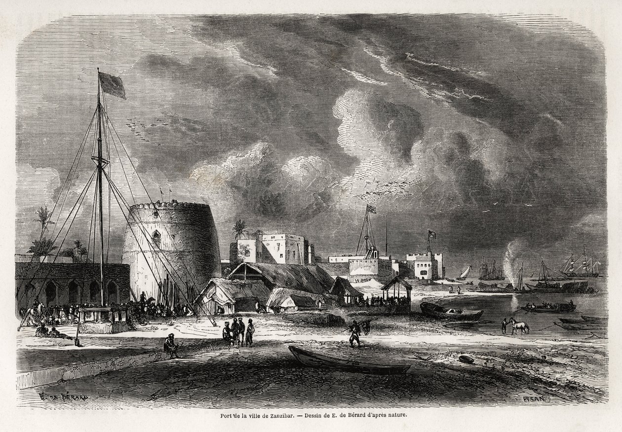 Porto da cidade de Zanzibar (actual Tanzânia), desenho de Evremond de Berard (1824-1881), para ilustrar a viagem do Capitão Burton aos Grandes Lagos da África Oriental, em 1857-1859. Gravura em "Le tour du monde, nouveau journal des voyages" Paris de Evremond de (after) Berard