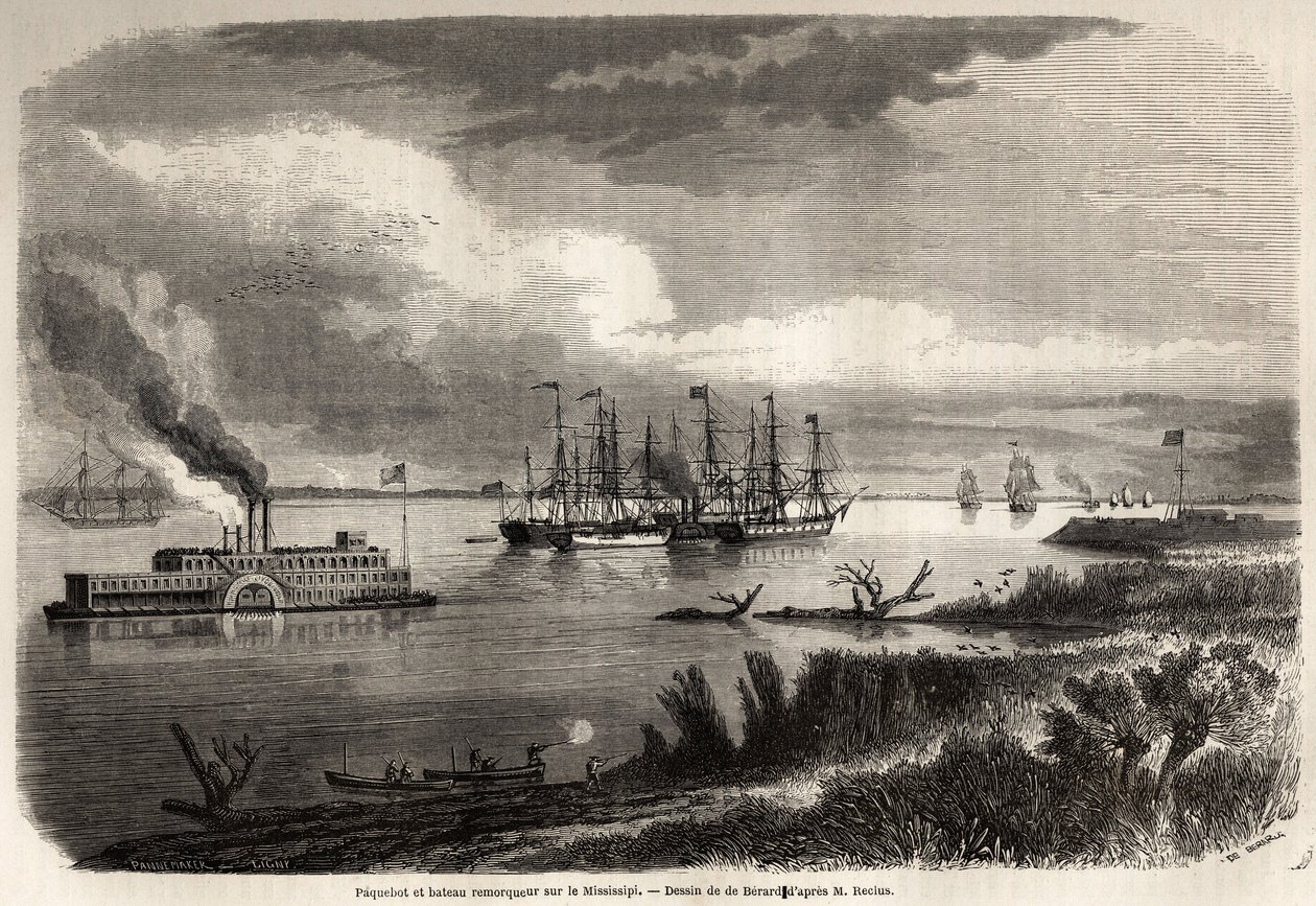 Navio e rebocador no Mississippi, desenho de Evremond Auguste de Berard (1824-1881), para ilustrar a viagem a Nova Orleans em 1855 por Elysee (Elisee) Reclus (1830-1905). Gravação em "Le tour du monde, nouveau journal des voyages" Paris de Evremond de (after) Berard