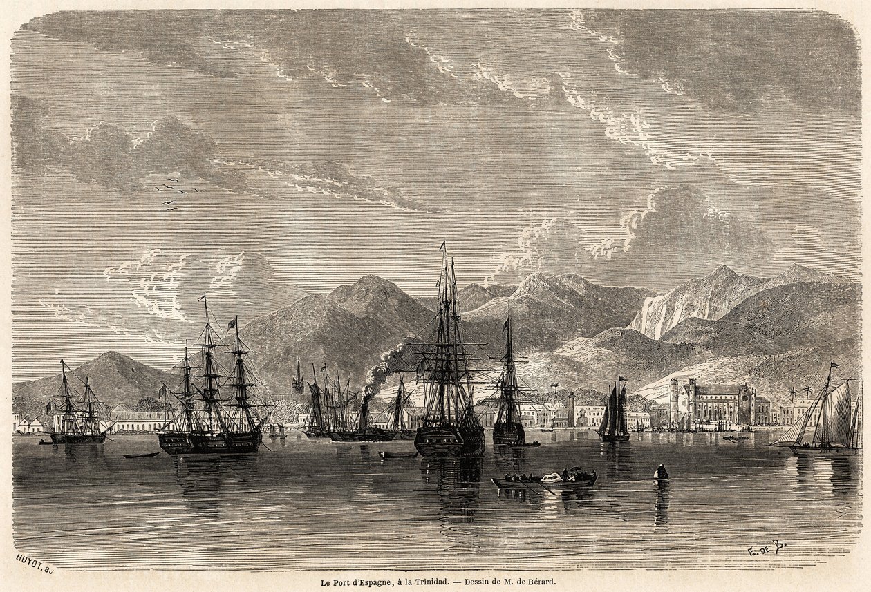 O porto da Espanha, em Trinidad (Trinidad e Tobago), desenhado por Evremond Auguste de Berard (1824-1881), para ilustrar as viagens às Índias Ocidentais, em 1858-1859, por Anthony Trollope (1815-1882). Gravação em "Le tour du monde, nouveau journal des voy de Evremond de (after) Berard