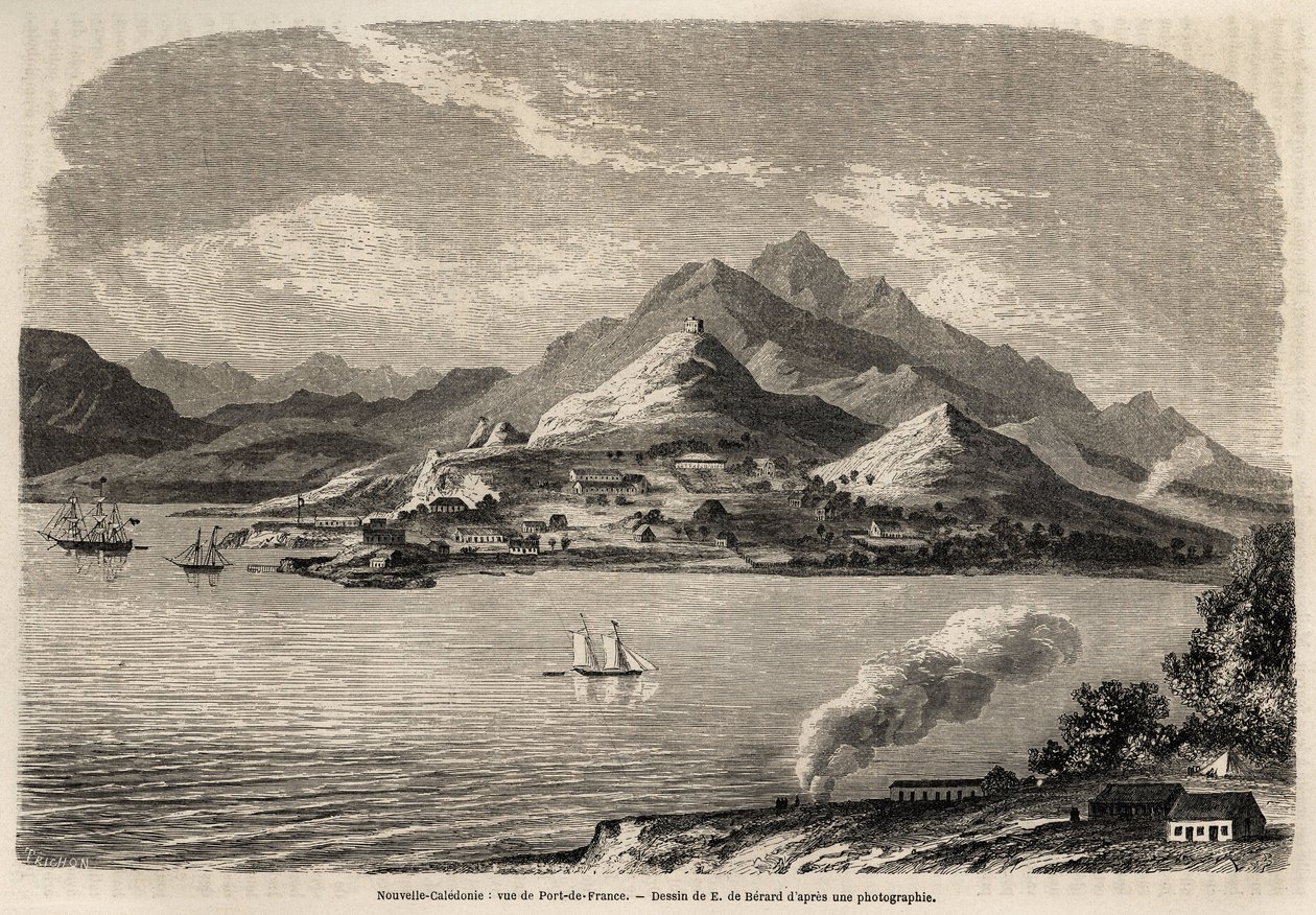 Vista de Port of France, Nova Caledônia, desenho de Evremont de Berard (1824-1881), para ilustrar a viagem de Victor de Rochas à Nova Caledônia em 1859. Gravura em "Le tour du monde" 1861. A coleção de Selva. de Evremond de (after) Berard