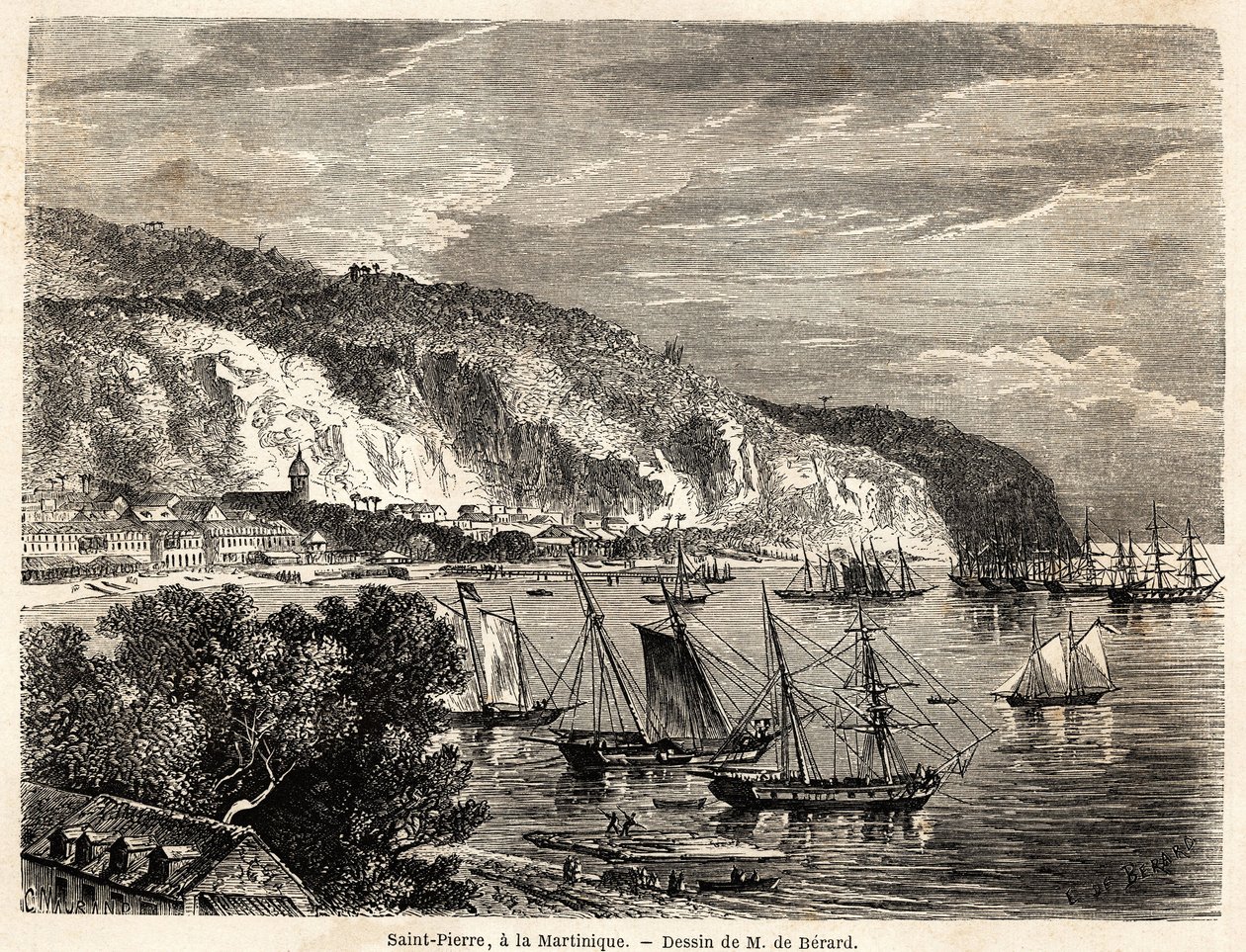 Vista de Saint Pierre, na Martinica, desenho de Auguste de Berard (1824-1881), para ilustrar as viagens às Índias Ocidentais, em 1858-1859, de Anthony Trollope (1815-1882). Gravura em "Le tour du monde, nouveau journal des voyages" Paris de Evremond de (after) Berard