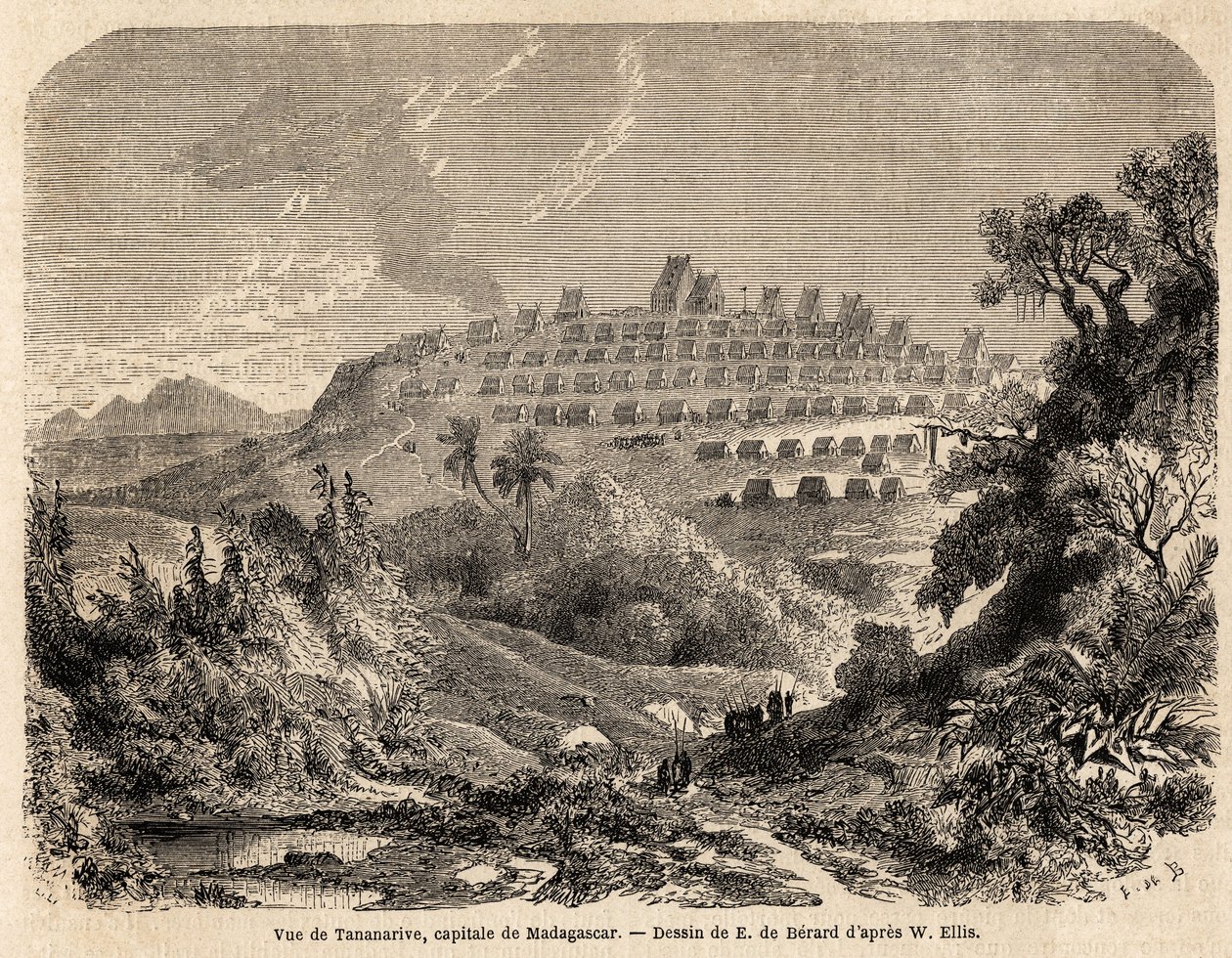 Vista de Tananarive, capital de Madagáscar, desenho de Evremond de Berard (1824-1881), para ilustrar a viagem de Ida Pfeiffer a Madagáscar em 1857. Gravura em "Le tour du monde" 1861. A coleção de Selva. de Evremond de (after) Berard