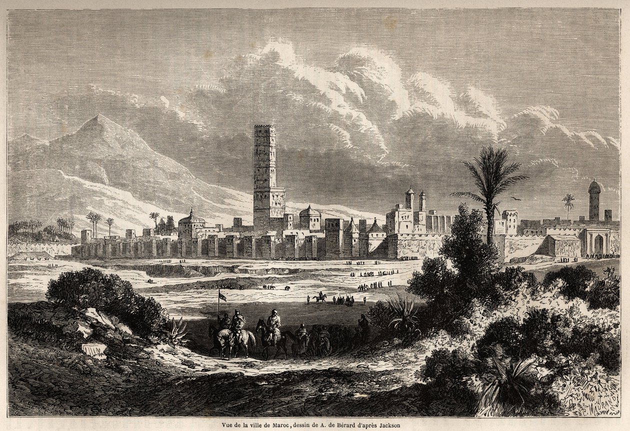 Vista da cidade de Marrakech (antigo Marrocos), desenho de Auguste de Berard (1824-1881), para ilustrar a viagem do Sr. F. Schickler a Marrocos em 1860. Gravura em "Le tour du monde, nouveau journal des voyages" Paris de Evremond de (after) Berard