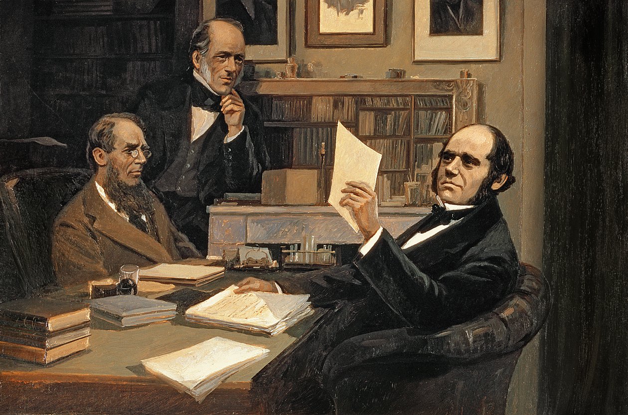 Joseph Hooker (1817-1911), Charles Lyell (1797-1875) e Charles Robert Darwin (1809-82) de Evstafieff