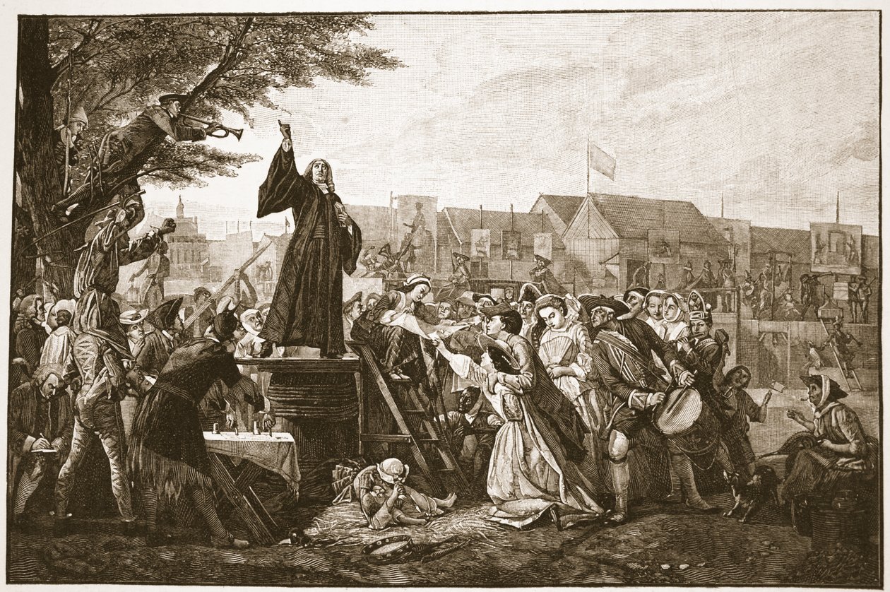 Whitefield pregando em Moorfields, ilustração de "A Igreja da Inglaterra: Uma História para as Pessoas" por HDM Spence-Jones, pub. c.1910 (foto sépia) de Eyre Crowe