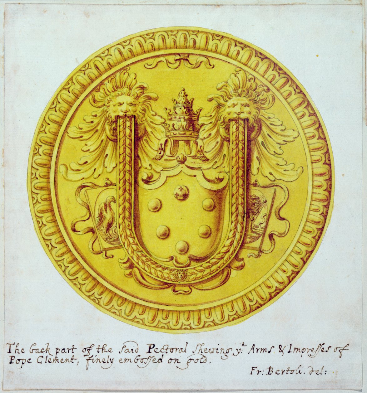 Vista traseira de um ornamento peitoral de ouro e jóias feitas para o Papa Clemente VII por Cellini em c.1523-34, 1729 de F. Bertoli