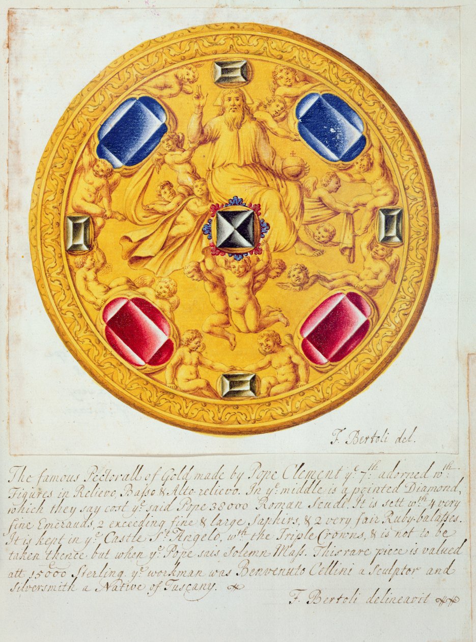 Vista frontal de um ornamento peitoral de ouro e jóias feitas para o Papa Clemente VII por Cellini em c.1523-34, 1729 de F. Bertoli