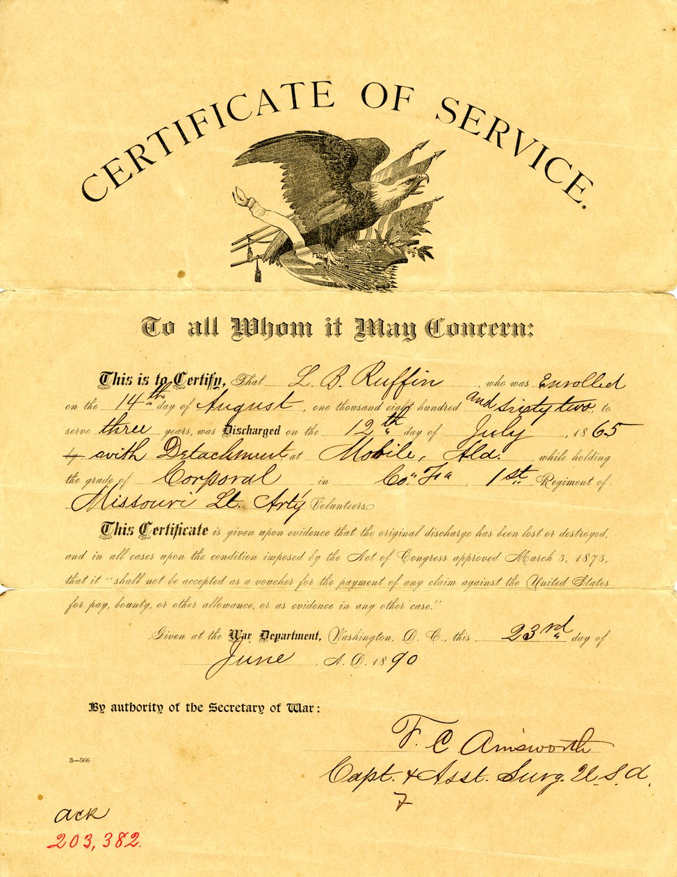 Declara que Ruffin foi dispensado com desapego em 12 de julho de 1865, da Companhia F da 1ª Artilharia Ligeira do Missouri, enquanto mantinha o posto de Corporal. de F. C. Amsworth