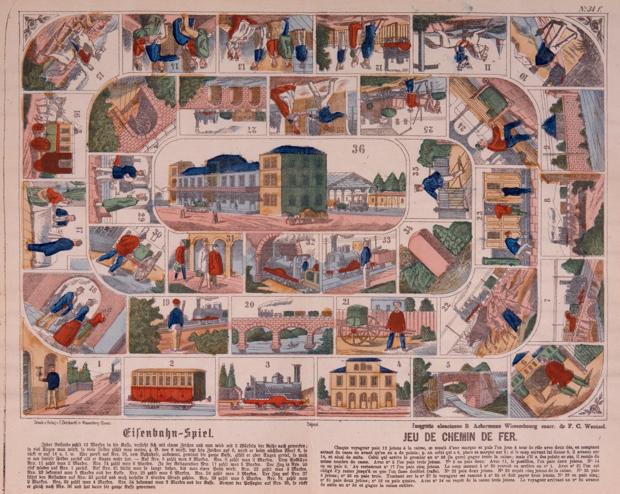 Jogo de trem a vapor, panfleto pictórico publicado por Ackermann, Wissembourg, c.1860 de F. C. Wentzel