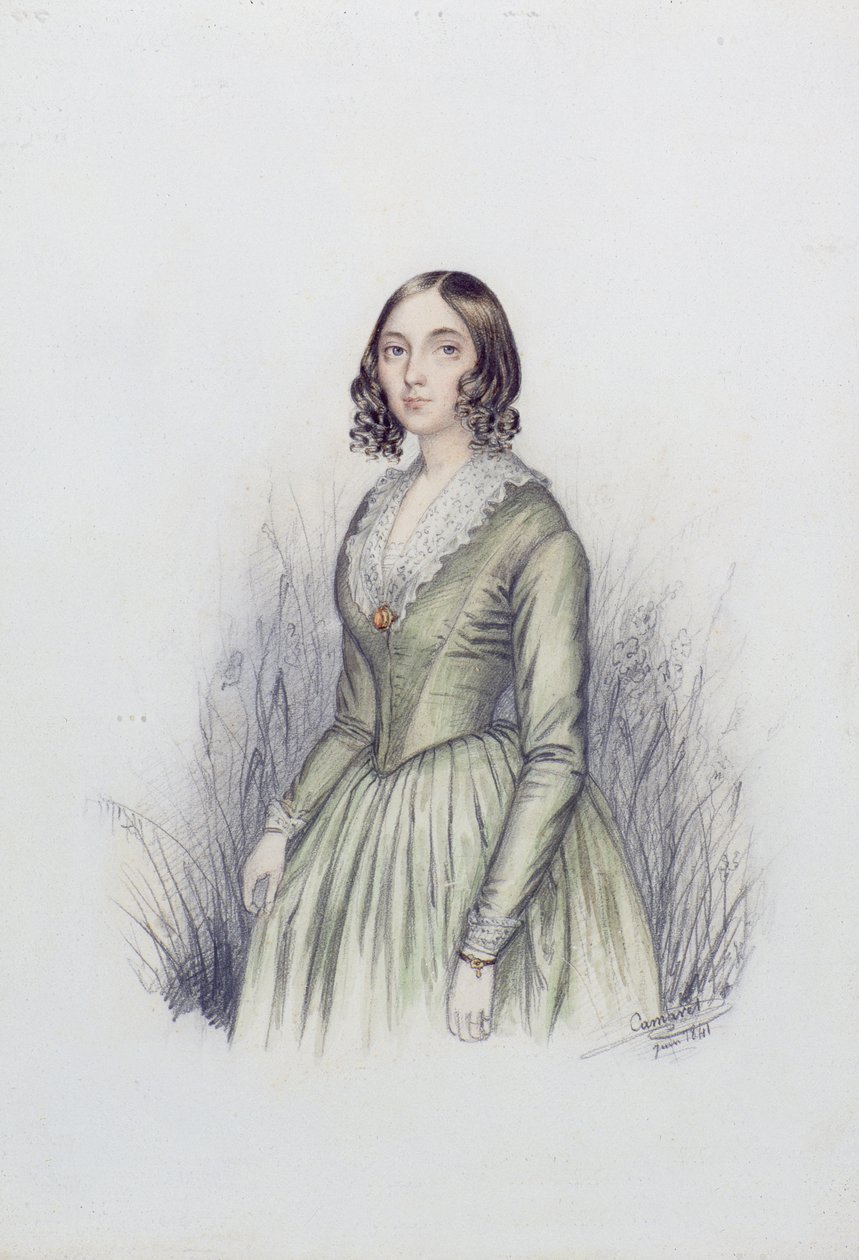 Retrato de uma jovem senhora em um vestido verde, 1841 (wc e lápis sobre papel) de F. Camaret