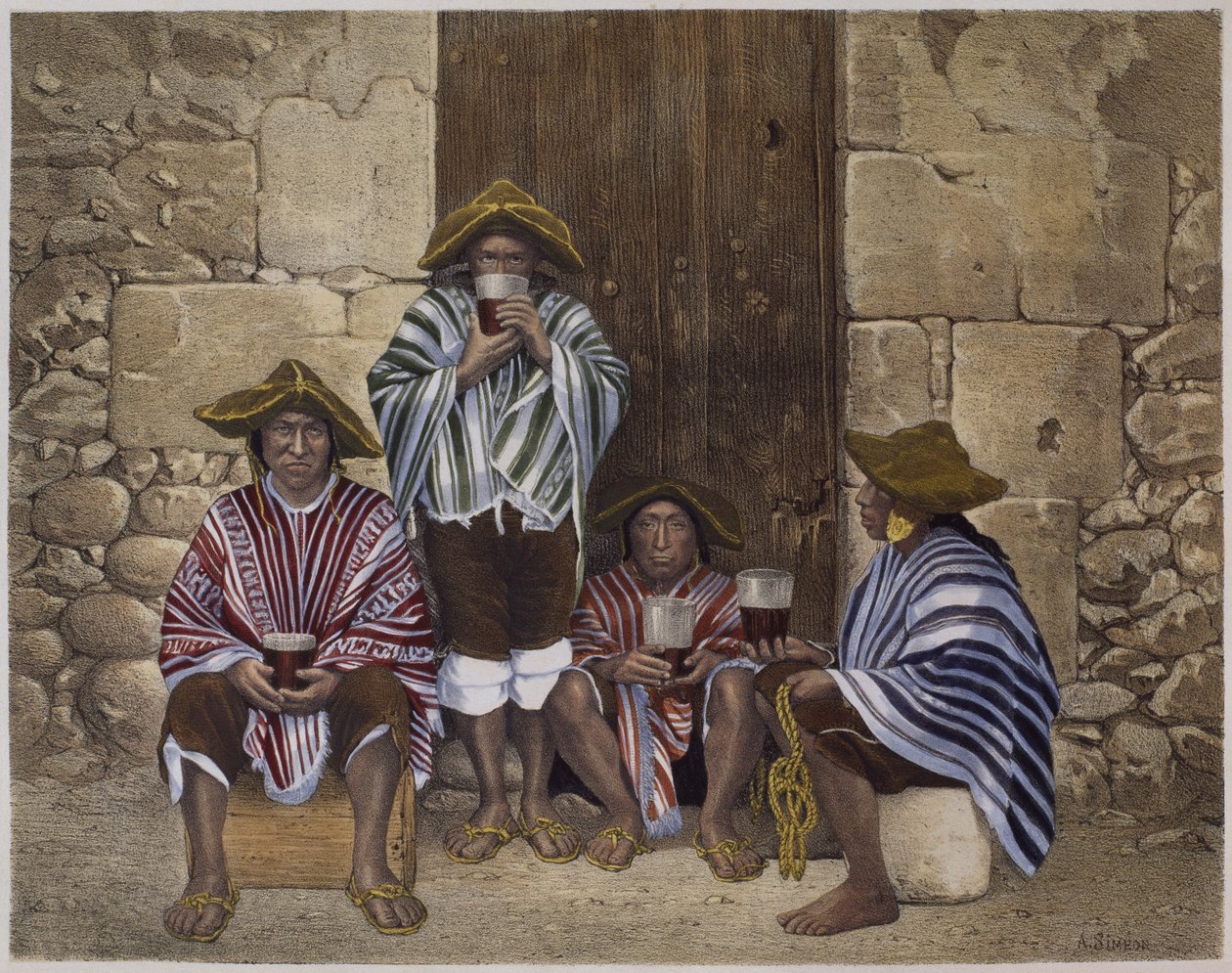 Grupo de índios, ilustração de &39;Geografia del Peru&39; por Mariano, Felipe Paz Soldan (1821-86) placa XXXV, 1863 de F. Delamare