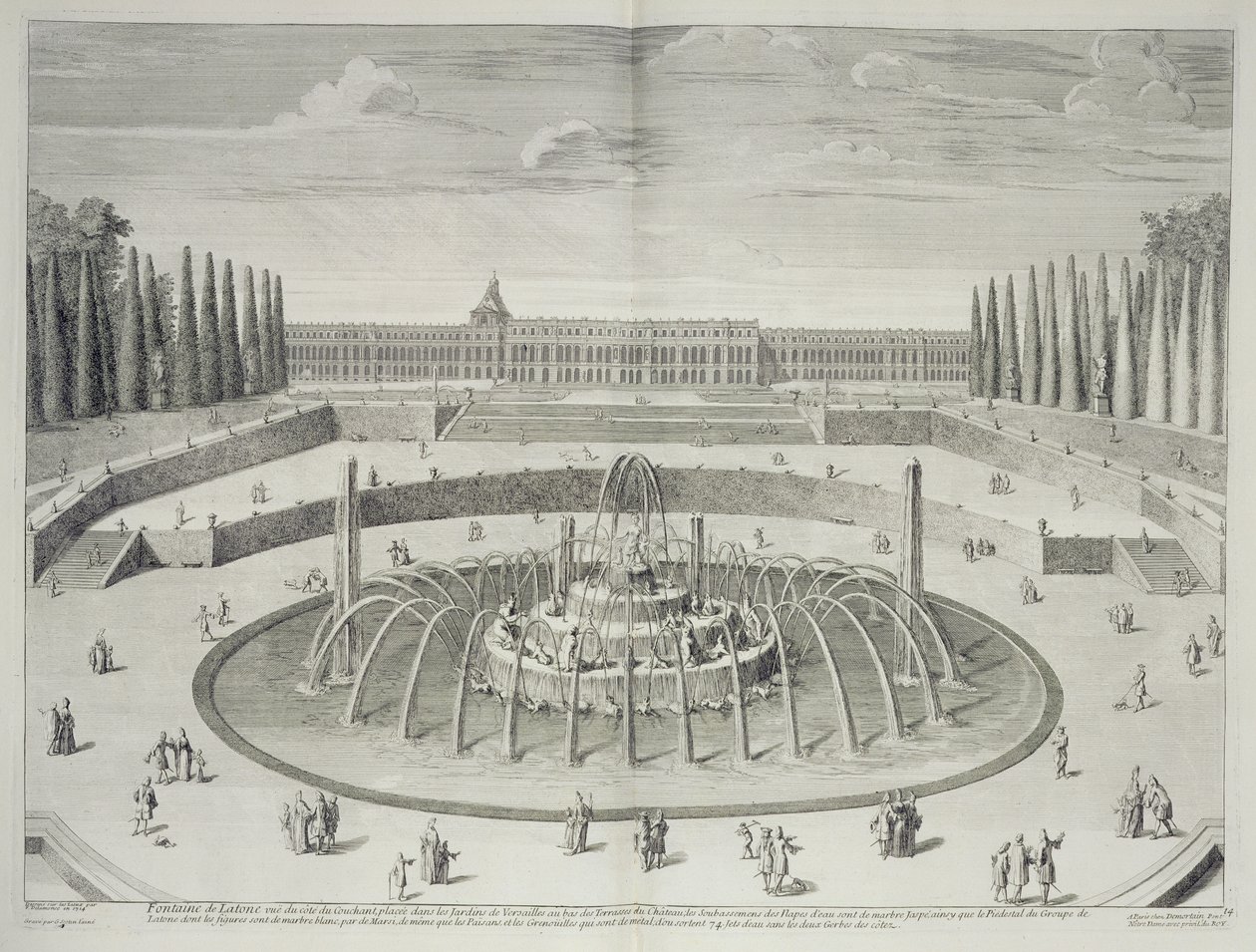 Fonte de Latona em Versalhes, 1714, de &39;Os planos, perfis e elevações das cidades e Chateau de Versailles&39;, gravado por Gerard Jean-Baptiste Scotin (1671-1716), publicado c.1715 de F. Delamonce
