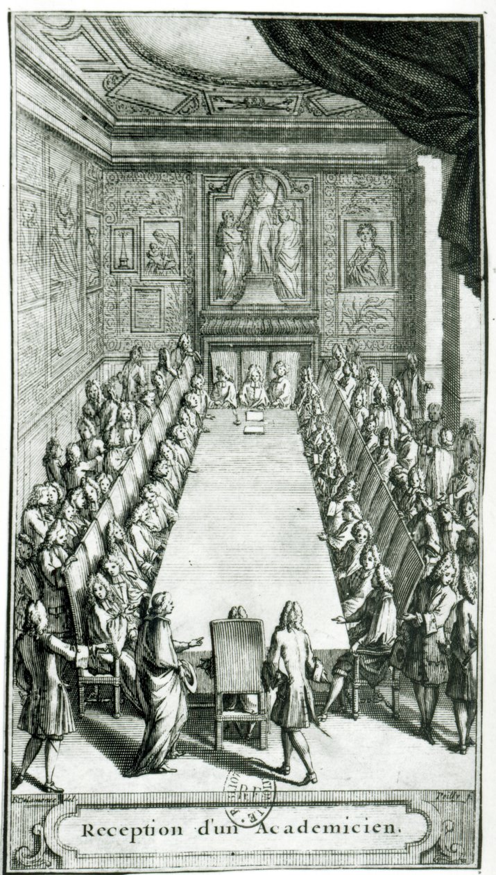 Recepção de um membro da Academia Francesa, gravada por Francois Poilly (1622-83) de F. Delamonce